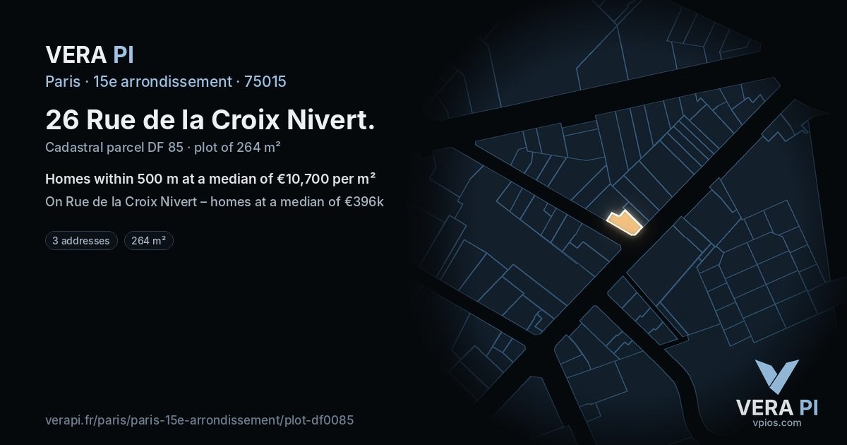 26 Rue de la Croix Nivert, 15e arrondissement at night – the plot lit, the parcels around coloured by the prices near them