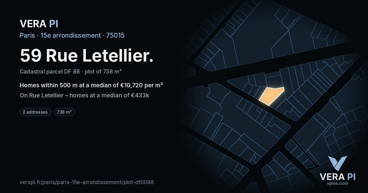 59 Rue Letellier, 15e arrondissement at night – the plot lit, the parcels around coloured by the prices near them