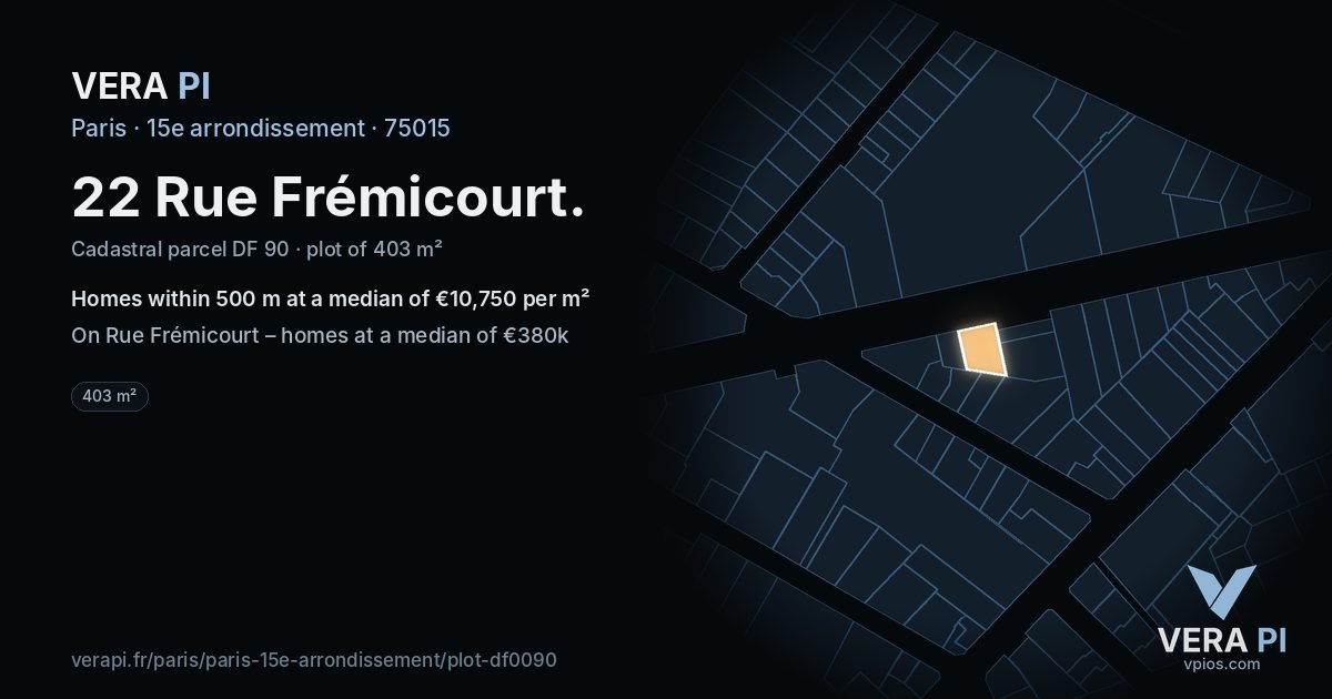 22 Rue Frémicourt, 15e arrondissement at night – the plot lit, the parcels around coloured by the prices near them