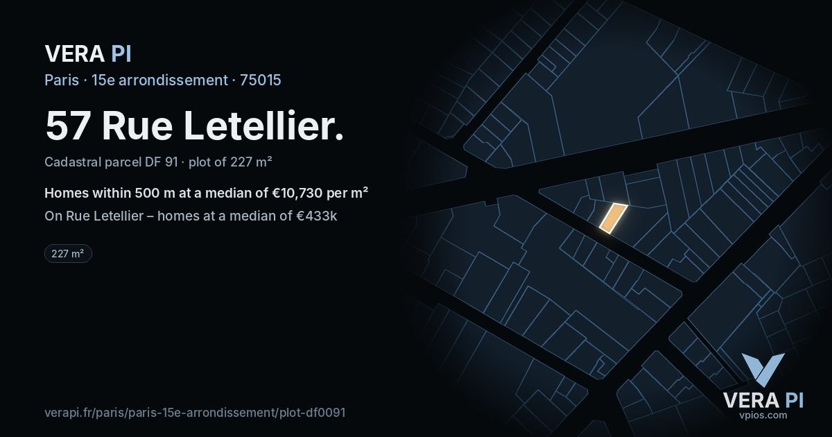 57 Rue Letellier, 15e arrondissement at night – the plot lit, the parcels around coloured by the prices near them