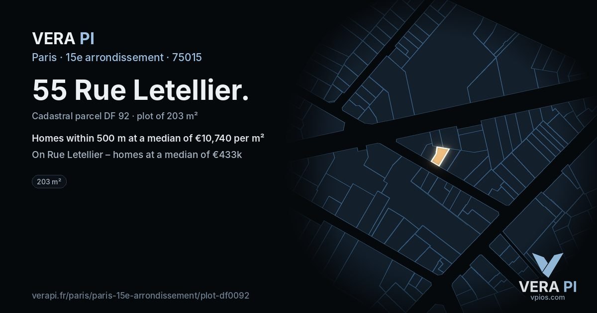 55 Rue Letellier, 15e arrondissement at night – the plot lit, the parcels around coloured by the prices near them