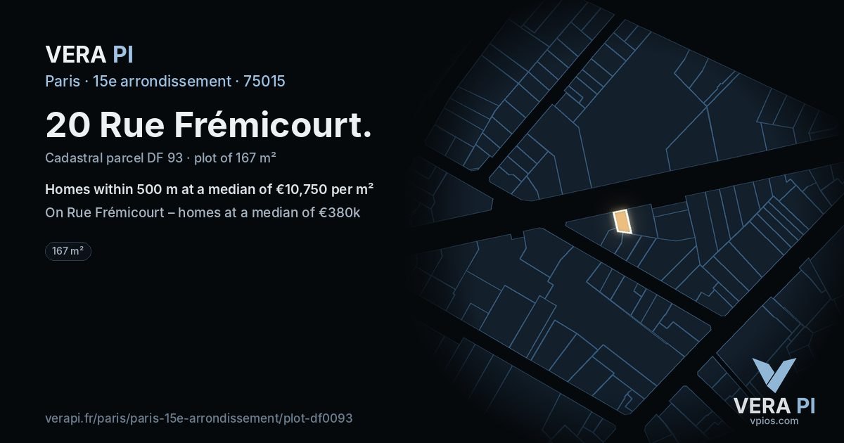 20 Rue Frémicourt, 15e arrondissement at night – the plot lit, the parcels around coloured by the prices near them