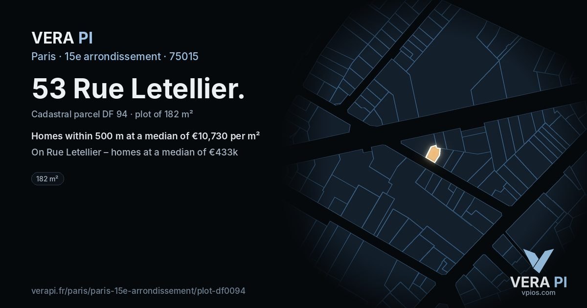 53 Rue Letellier, 15e arrondissement at night – the plot lit, the parcels around coloured by the prices near them