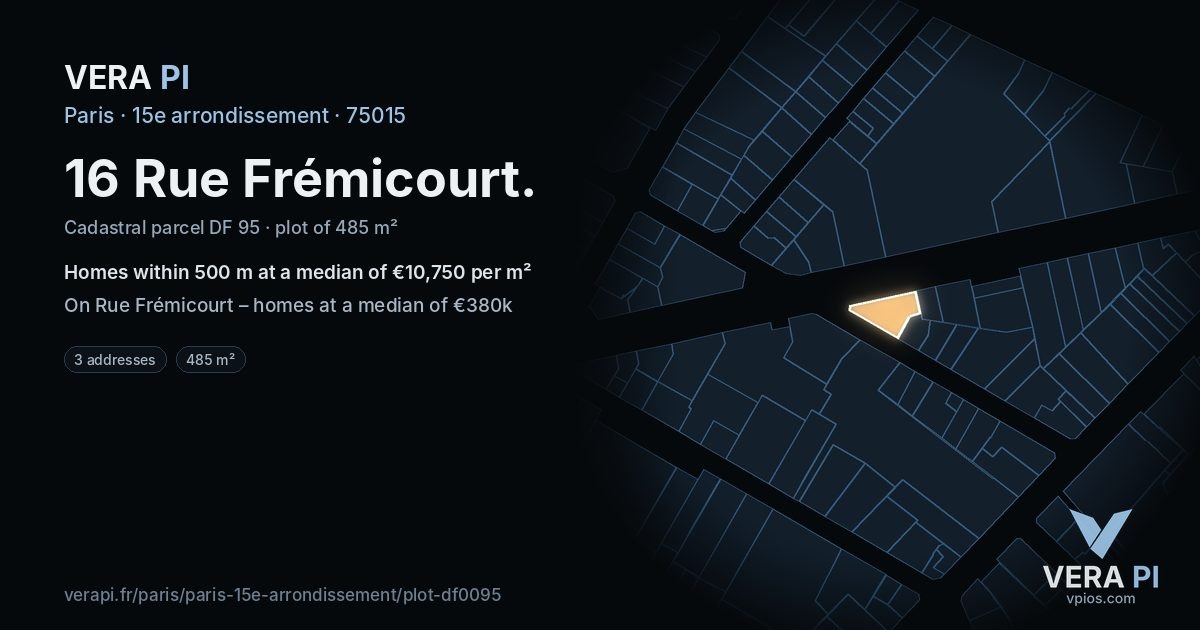 16 Rue Frémicourt, 15e arrondissement at night – the plot lit, the parcels around coloured by the prices near them