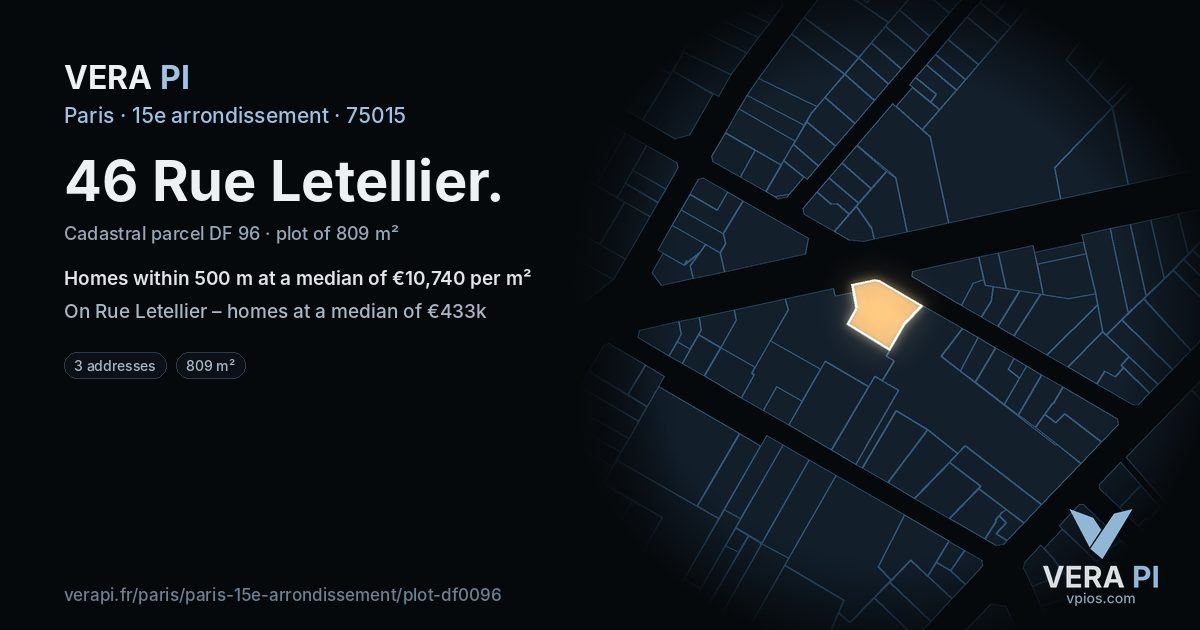 46 Rue Letellier, 15e arrondissement at night – the plot lit, the parcels around coloured by the prices near them