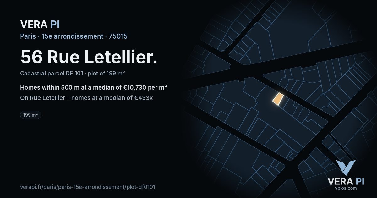 56 Rue Letellier, 15e arrondissement at night – the plot lit, the parcels around coloured by the prices near them