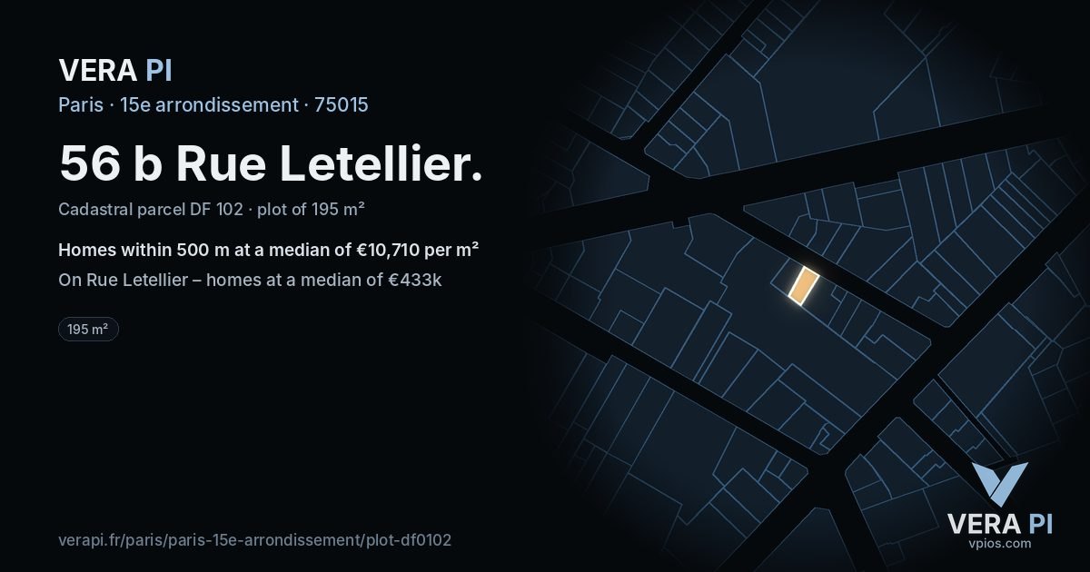 56 b Rue Letellier, 15e arrondissement at night – the plot lit, the parcels around coloured by the prices near them