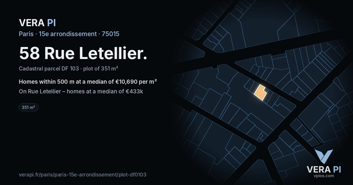 58 Rue Letellier, 15e arrondissement at night – the plot lit, the parcels around coloured by the prices near them