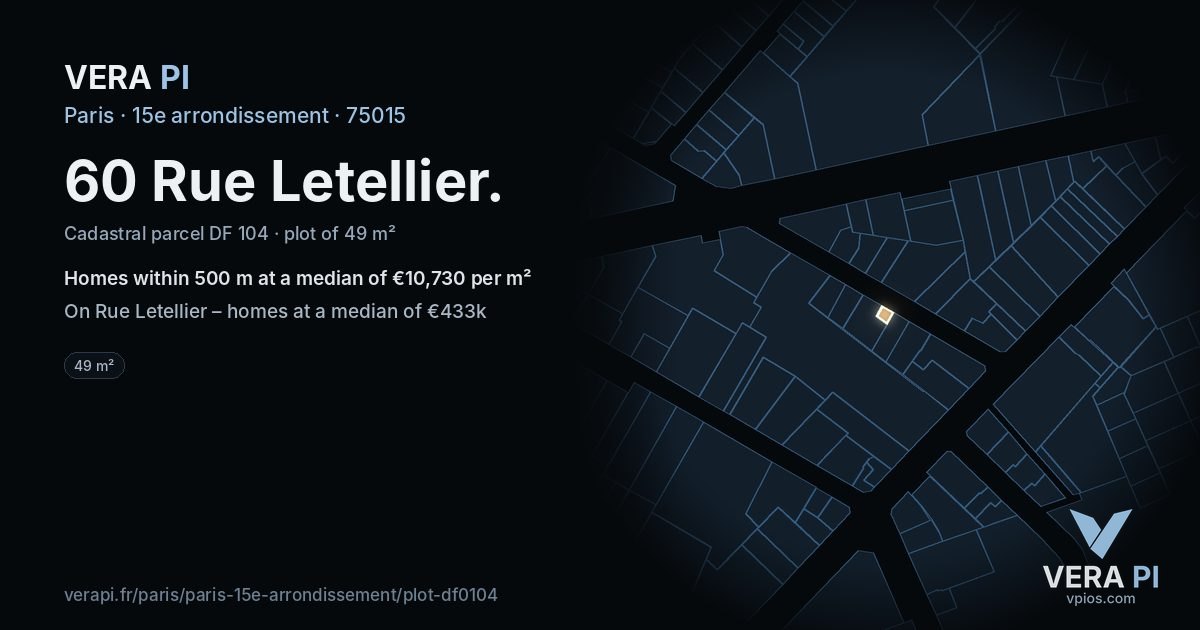 60 Rue Letellier, 15e arrondissement at night – the plot lit, the parcels around coloured by the prices near them