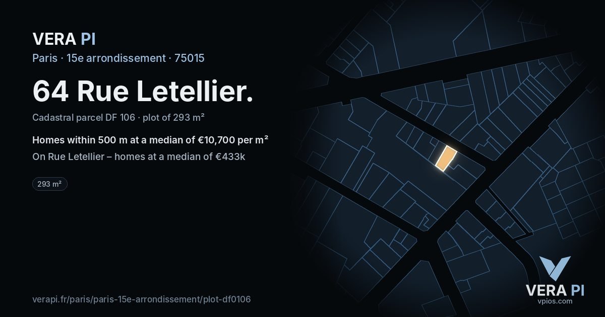 64 Rue Letellier, 15e arrondissement at night – the plot lit, the parcels around coloured by the prices near them