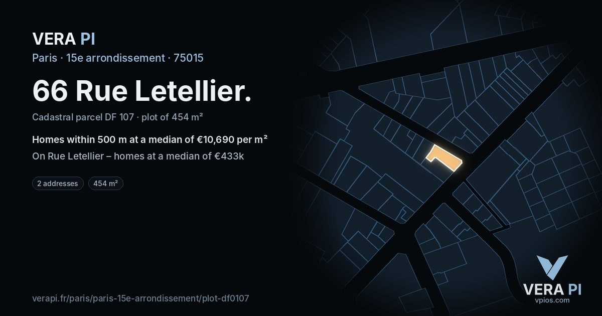 66 Rue Letellier, 15e arrondissement at night – the plot lit, the parcels around coloured by the prices near them