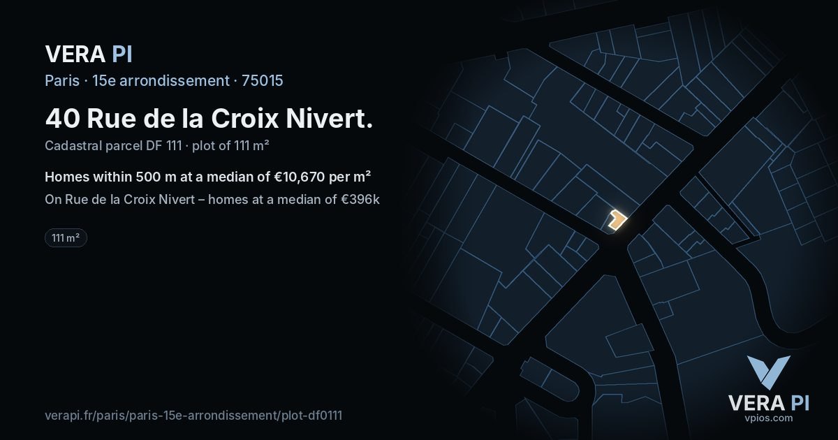 40 Rue de la Croix Nivert, 15e arrondissement at night – the plot lit, the parcels around coloured by the prices near them