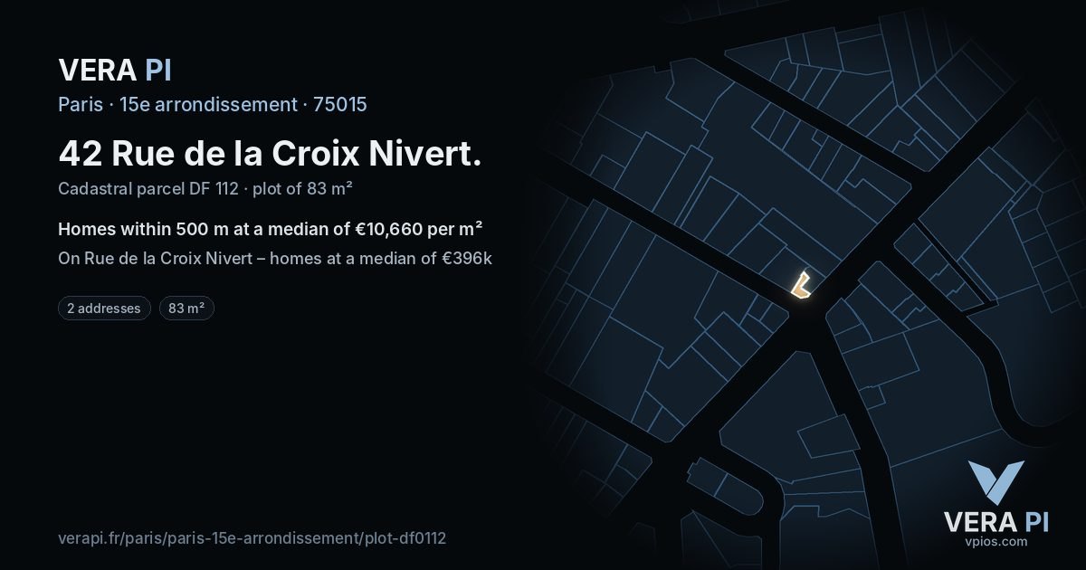 42 Rue de la Croix Nivert, 15e arrondissement at night – the plot lit, the parcels around coloured by the prices near them