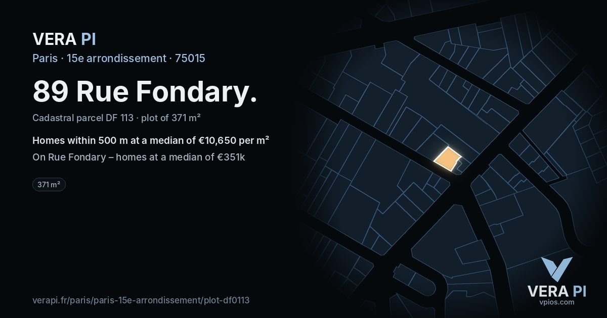 89 Rue Fondary, 15e arrondissement at night – the plot lit, the parcels around coloured by the prices near them