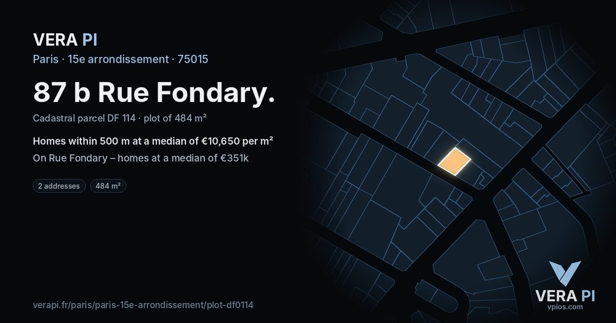 87 b Rue Fondary, 15e arrondissement at night – the plot lit, the parcels around coloured by the prices near them