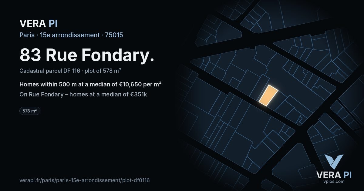 83 Rue Fondary, 15e arrondissement at night – the plot lit, the parcels around coloured by the prices near them