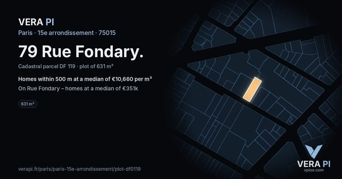 79 Rue Fondary, 15e arrondissement at night – the plot lit, the parcels around coloured by the prices near them