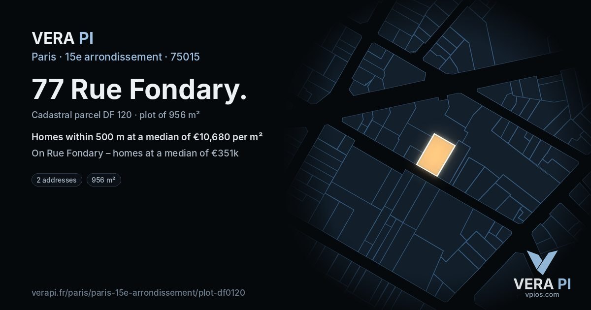 77 Rue Fondary, 15e arrondissement at night – the plot lit, the parcels around coloured by the prices near them