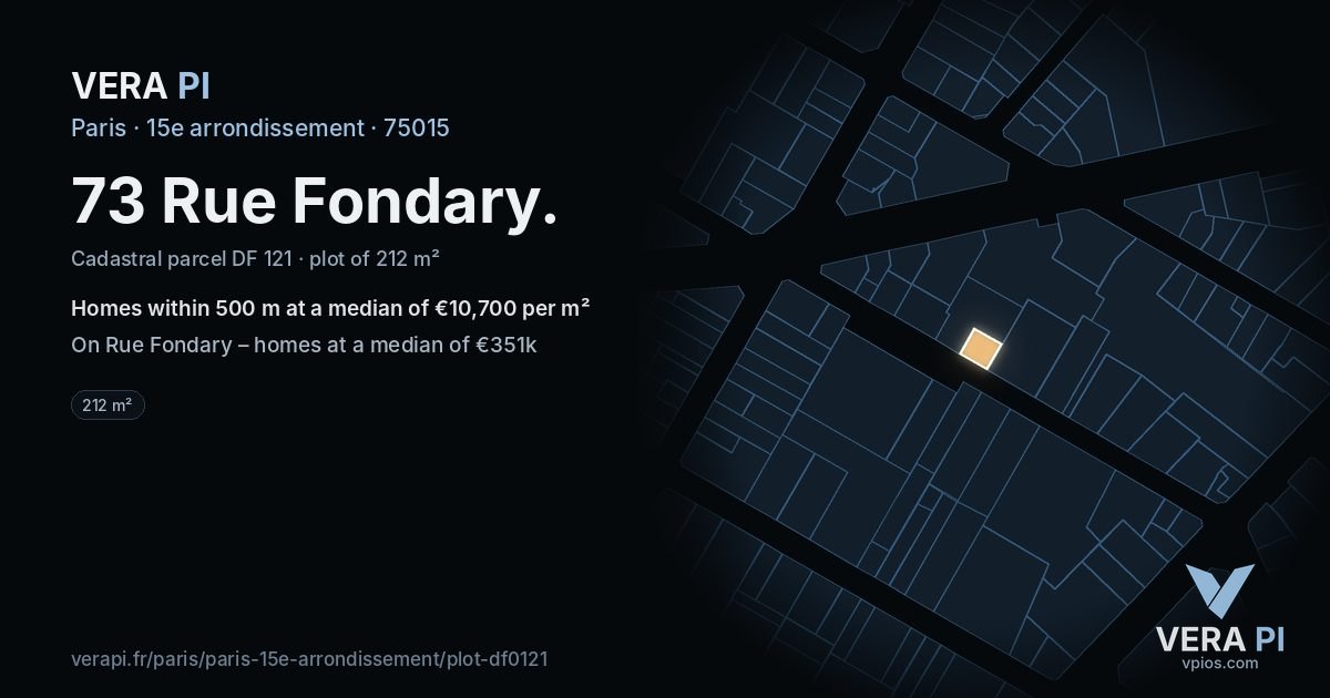 73 Rue Fondary, 15e arrondissement at night – the plot lit, the parcels around coloured by the prices near them