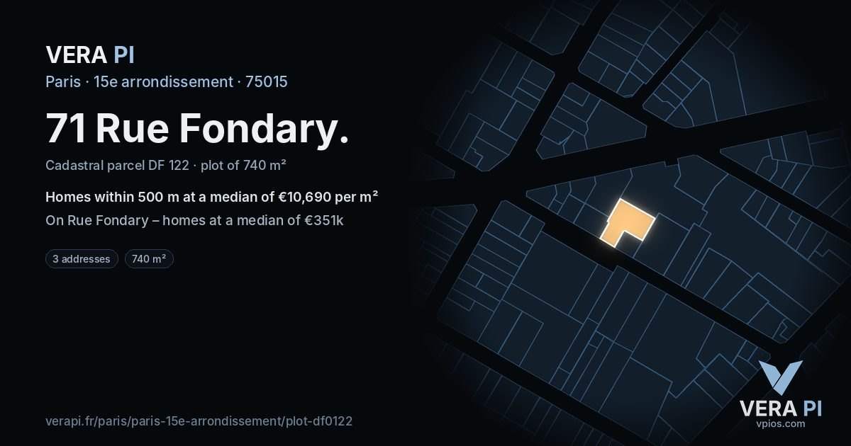 71 Rue Fondary, 15e arrondissement at night – the plot lit, the parcels around coloured by the prices near them