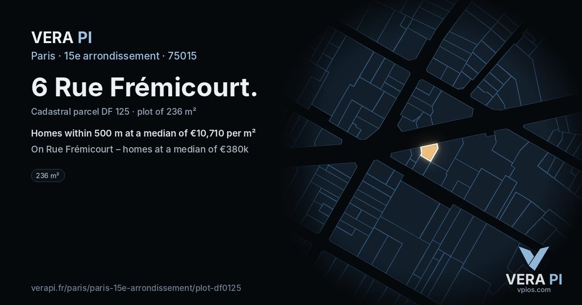 6 Rue Frémicourt, 15e arrondissement at night – the plot lit, the parcels around coloured by the prices near them