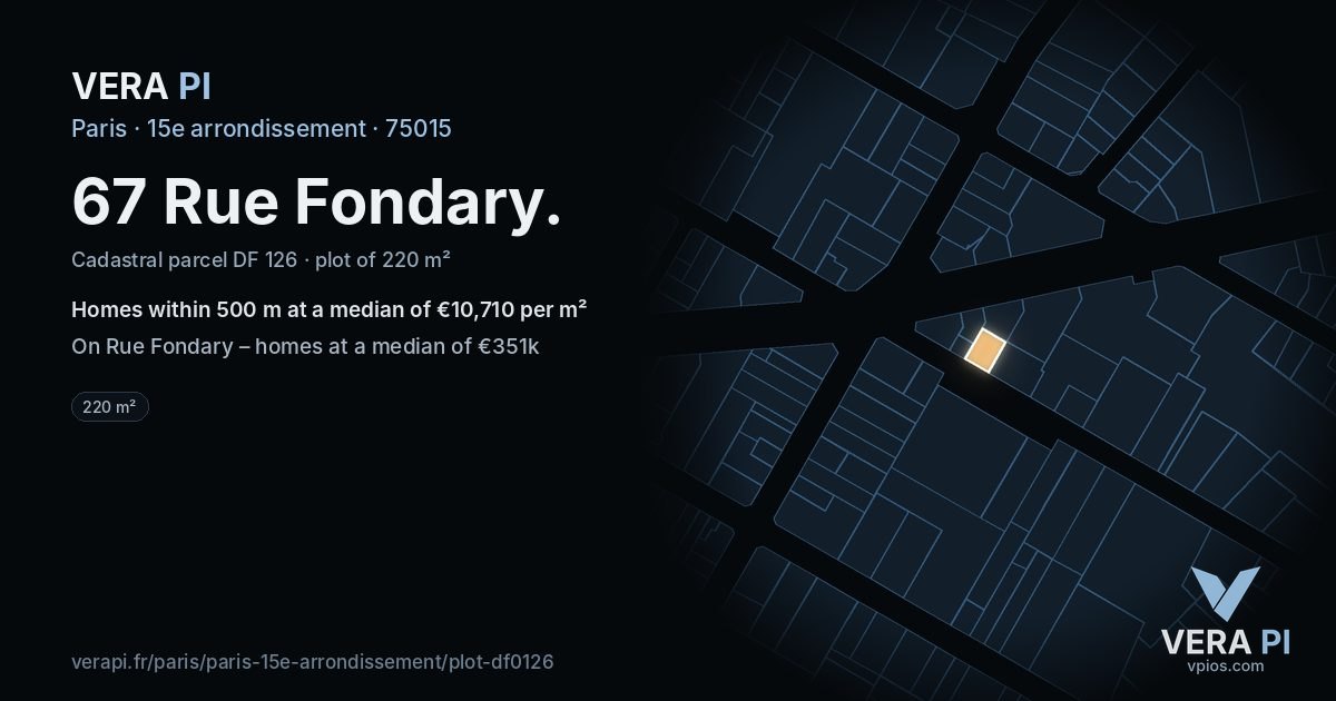 67 Rue Fondary, 15e arrondissement at night – the plot lit, the parcels around coloured by the prices near them
