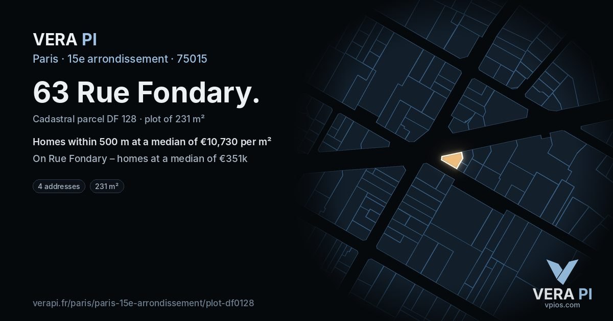 63 Rue Fondary, 15e arrondissement at night – the plot lit, the parcels around coloured by the prices near them
