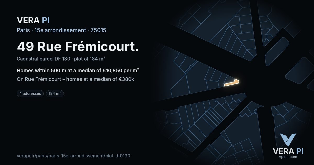 49 Rue Frémicourt, 15e arrondissement at night – the plot lit, the parcels around coloured by the prices near them