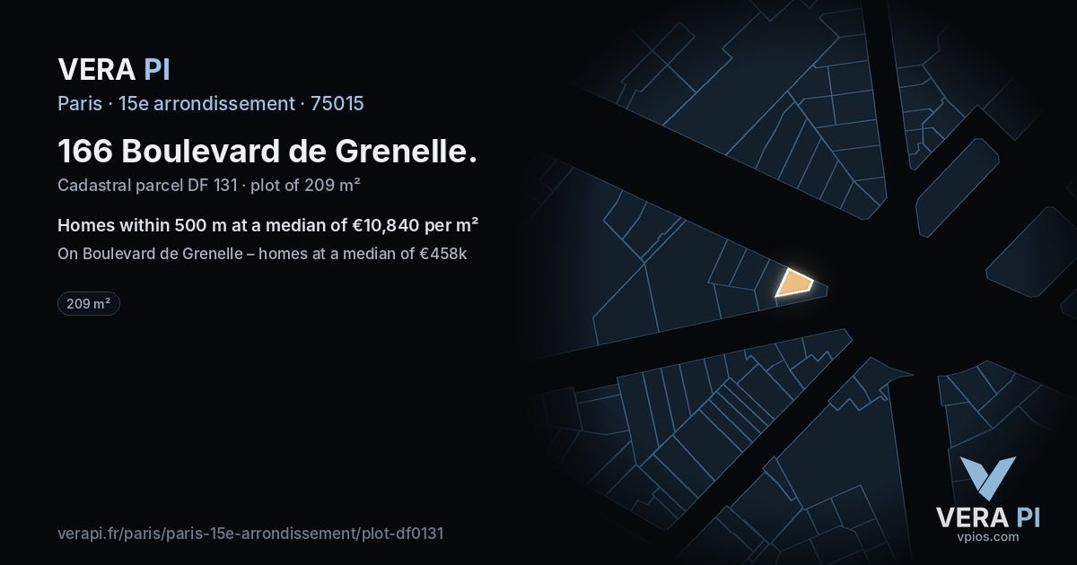 166 Boulevard de Grenelle, 15e arrondissement at night – the plot lit, the parcels around coloured by the prices near them