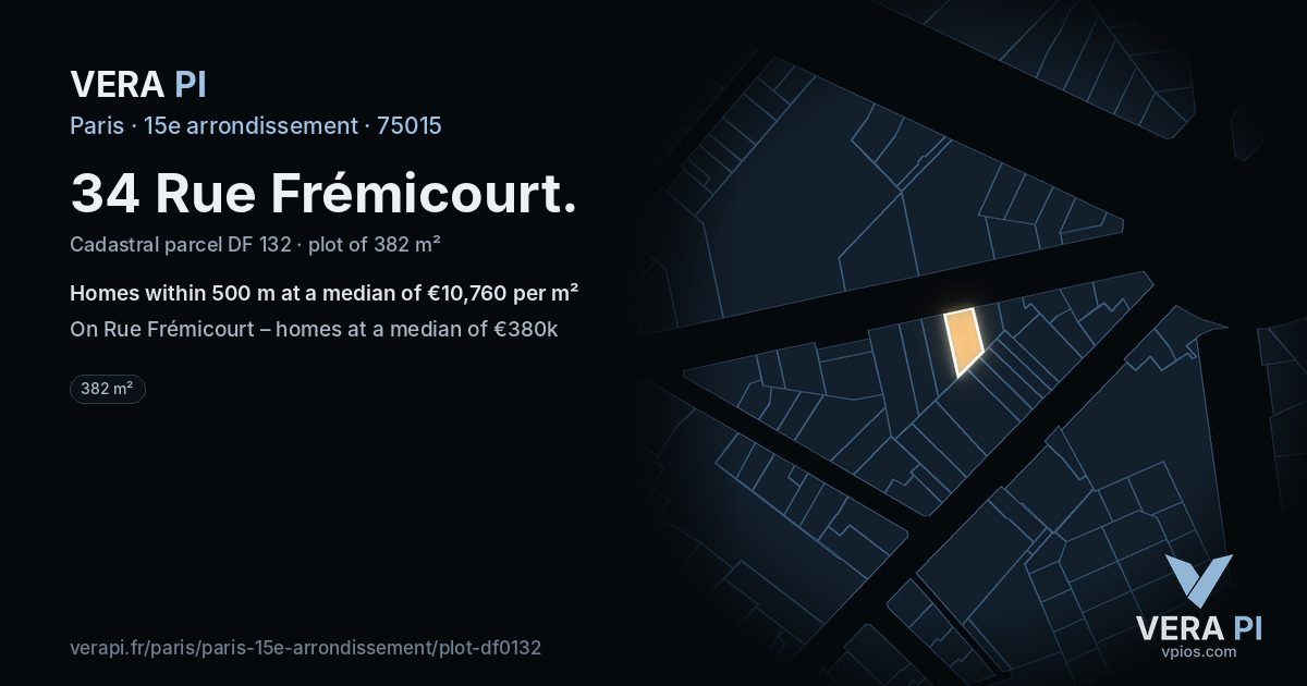 34 Rue Frémicourt, 15e arrondissement at night – the plot lit, the parcels around coloured by the prices near them