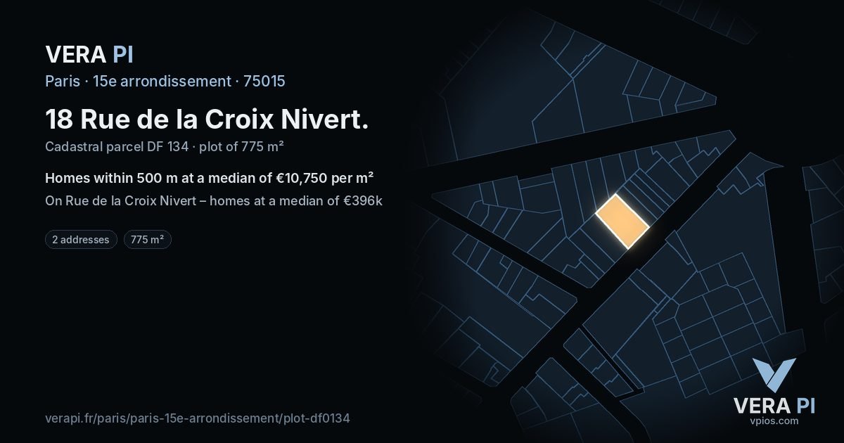 18 Rue de la Croix Nivert, 15e arrondissement at night – the plot lit, the parcels around coloured by the prices near them