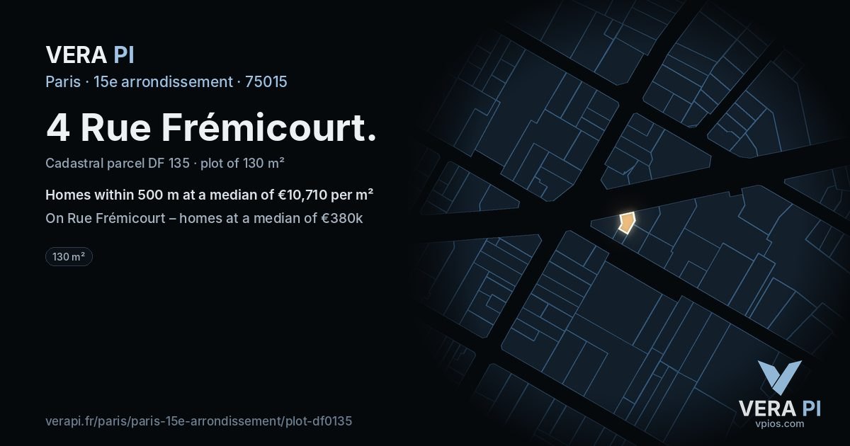 4 Rue Frémicourt, 15e arrondissement at night – the plot lit, the parcels around coloured by the prices near them
