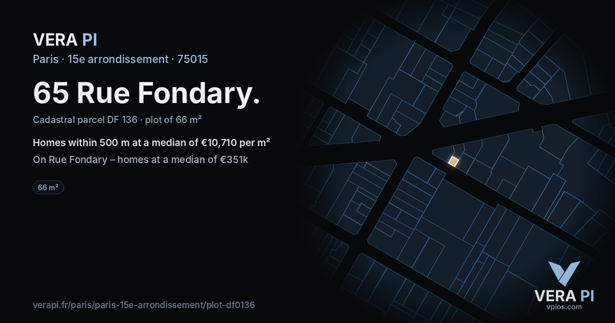 65 Rue Fondary, 15e arrondissement at night – the plot lit, the parcels around coloured by the prices near them