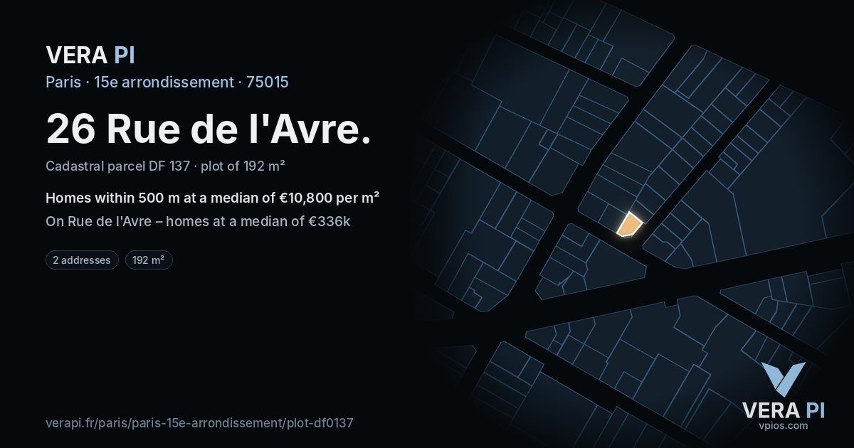 26 Rue de l'Avre, 15e arrondissement at night – the plot lit, the parcels around coloured by the prices near them