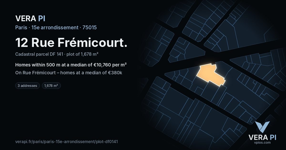 12 Rue Frémicourt, 15e arrondissement at night – the plot lit, the parcels around coloured by the prices near them