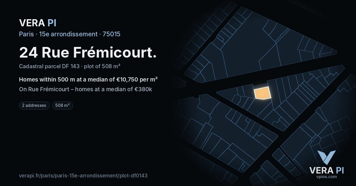 24 Rue Frémicourt, 15e arrondissement at night – the plot lit, the parcels around coloured by the prices near them
