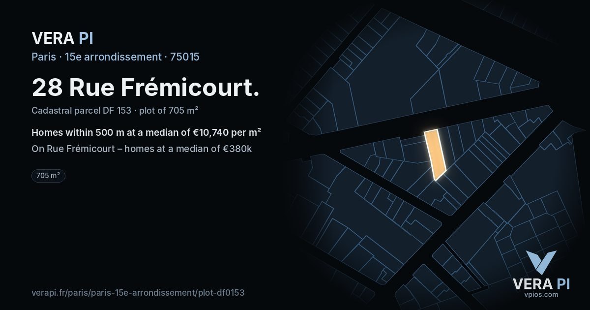 28 Rue Frémicourt, 15e arrondissement at night – the plot lit, the parcels around coloured by the prices near them