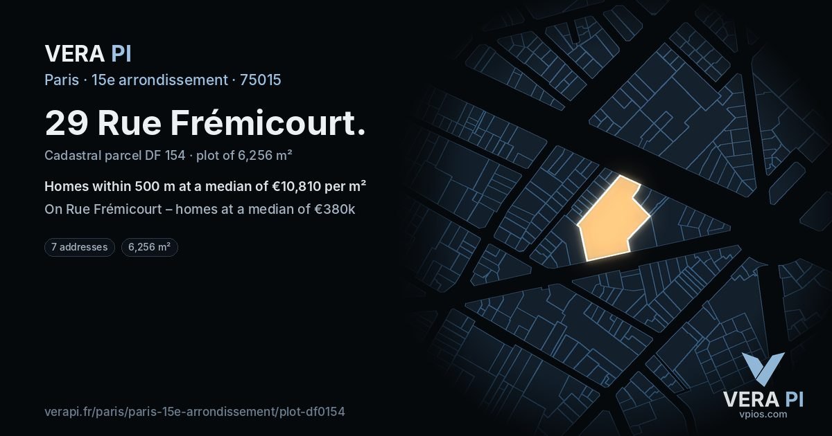 29 Rue Frémicourt, 15e arrondissement at night – the plot lit, the parcels around coloured by the prices near them