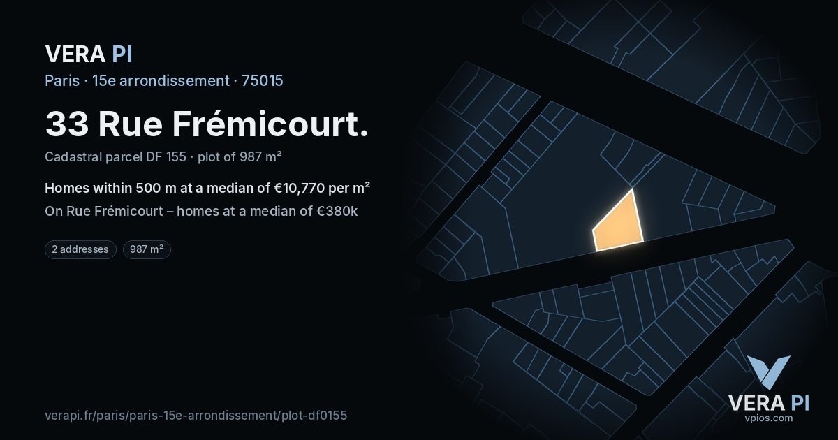 33 Rue Frémicourt, 15e arrondissement at night – the plot lit, the parcels around coloured by the prices near them