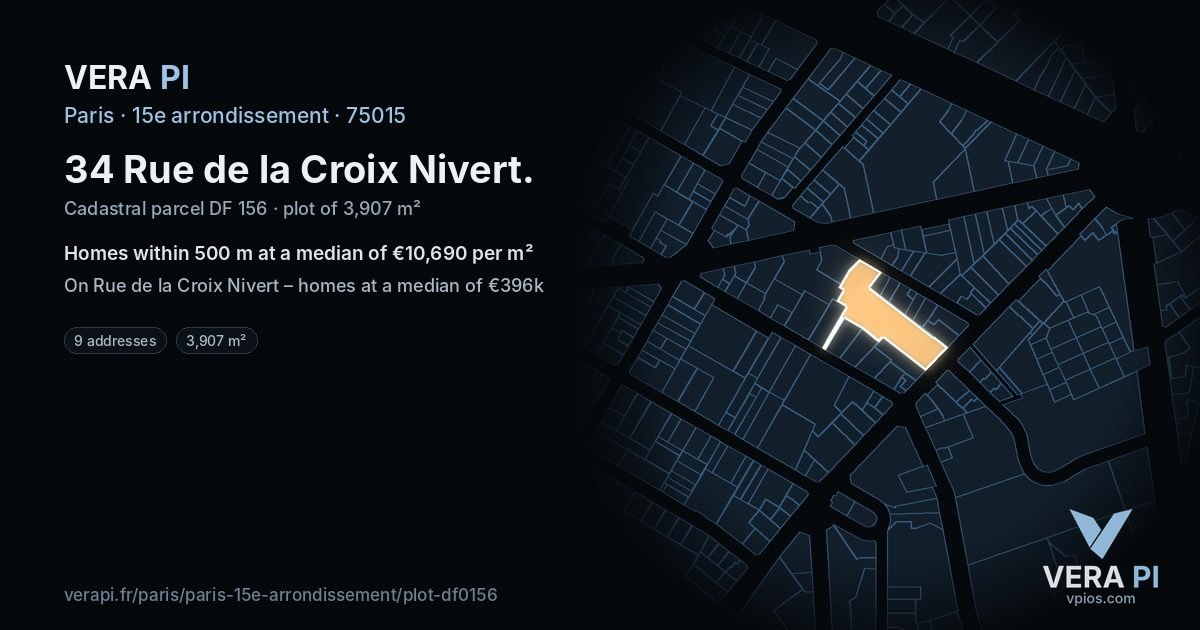 34 Rue de la Croix Nivert, 15e arrondissement at night – the plot lit, the parcels around coloured by the prices near them