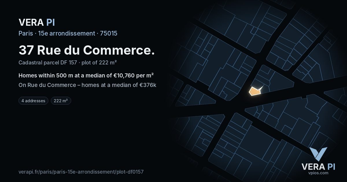 37 Rue du Commerce, 15e arrondissement at night – the plot lit, the parcels around coloured by the prices near them