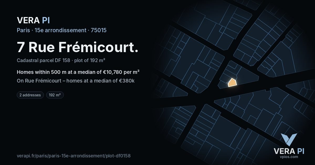 7 Rue Frémicourt, 15e arrondissement at night – the plot lit, the parcels around coloured by the prices near them