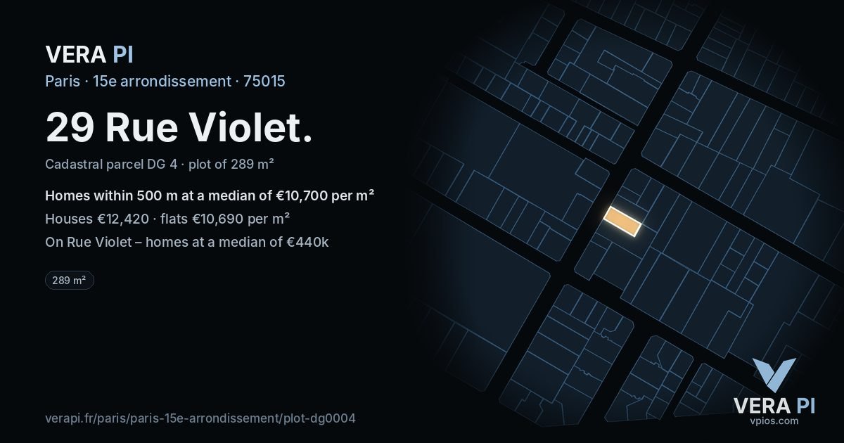29 Rue Violet, 15e arrondissement at night – the plot lit, the parcels around coloured by the prices near them