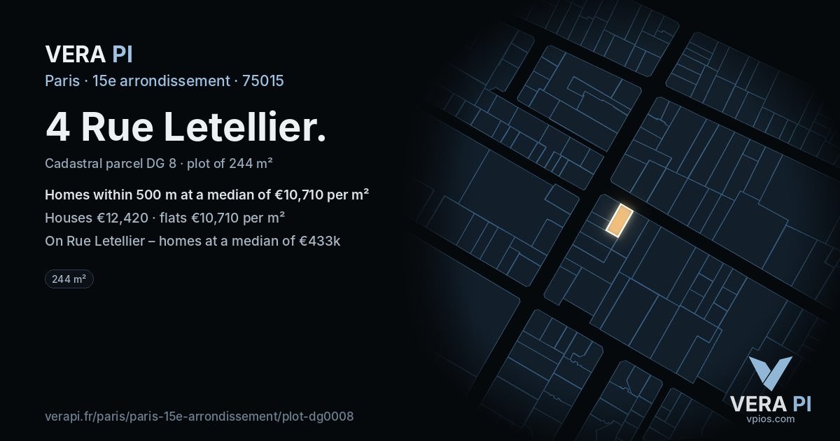 4 Rue Letellier, 15e arrondissement at night – the plot lit, the parcels around coloured by the prices near them