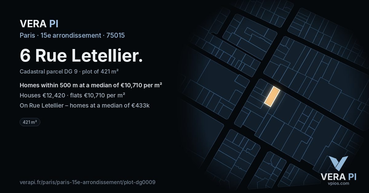 6 Rue Letellier, 15e arrondissement at night – the plot lit, the parcels around coloured by the prices near them