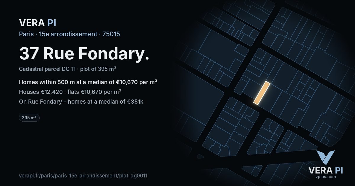 37 Rue Fondary, 15e arrondissement at night – the plot lit, the parcels around coloured by the prices near them