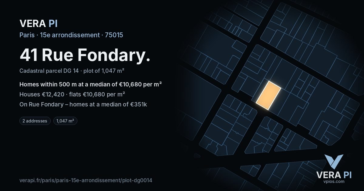 41 Rue Fondary, 15e arrondissement at night – the plot lit, the parcels around coloured by the prices near them