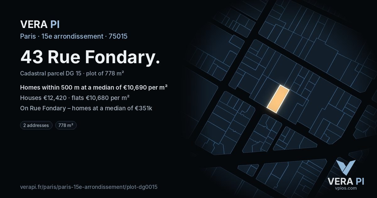43 Rue Fondary, 15e arrondissement at night – the plot lit, the parcels around coloured by the prices near them