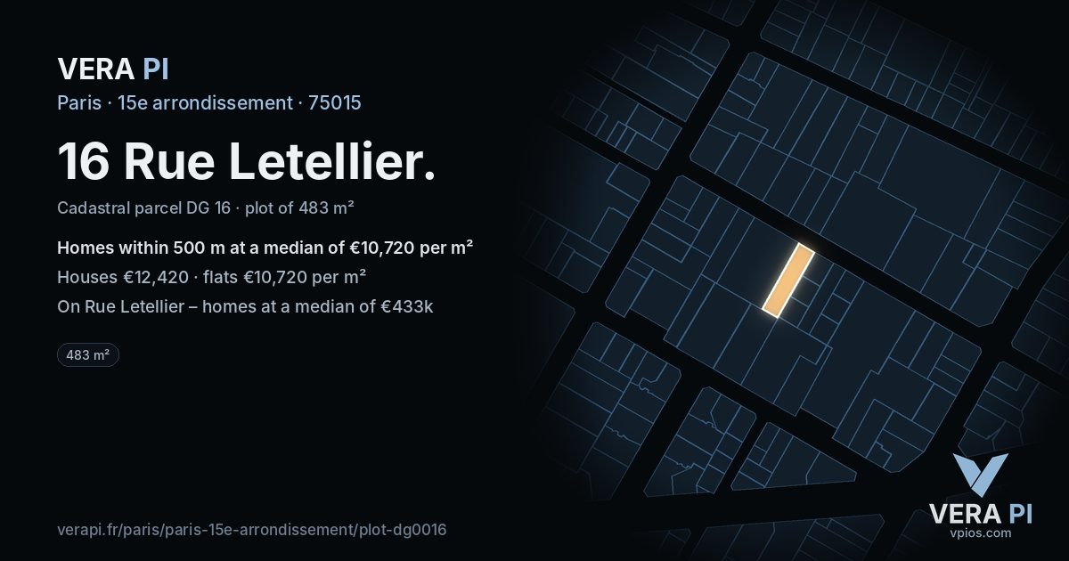 16 Rue Letellier, 15e arrondissement at night – the plot lit, the parcels around coloured by the prices near them