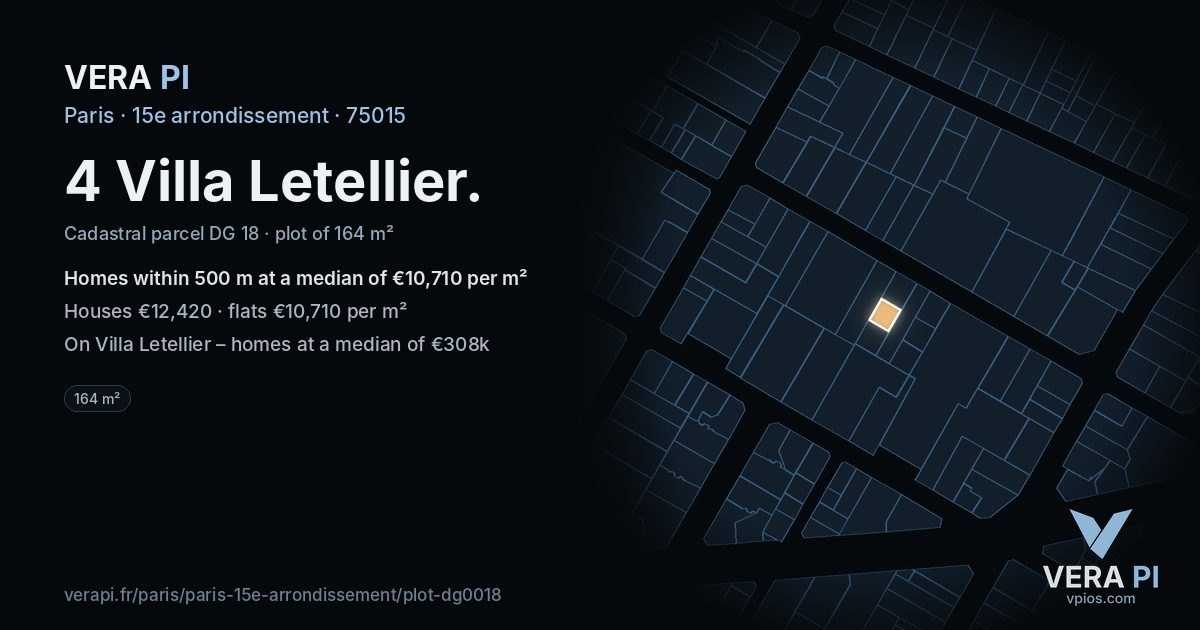 4 Villa Letellier, 15e arrondissement at night – the plot lit, the parcels around coloured by the prices near them